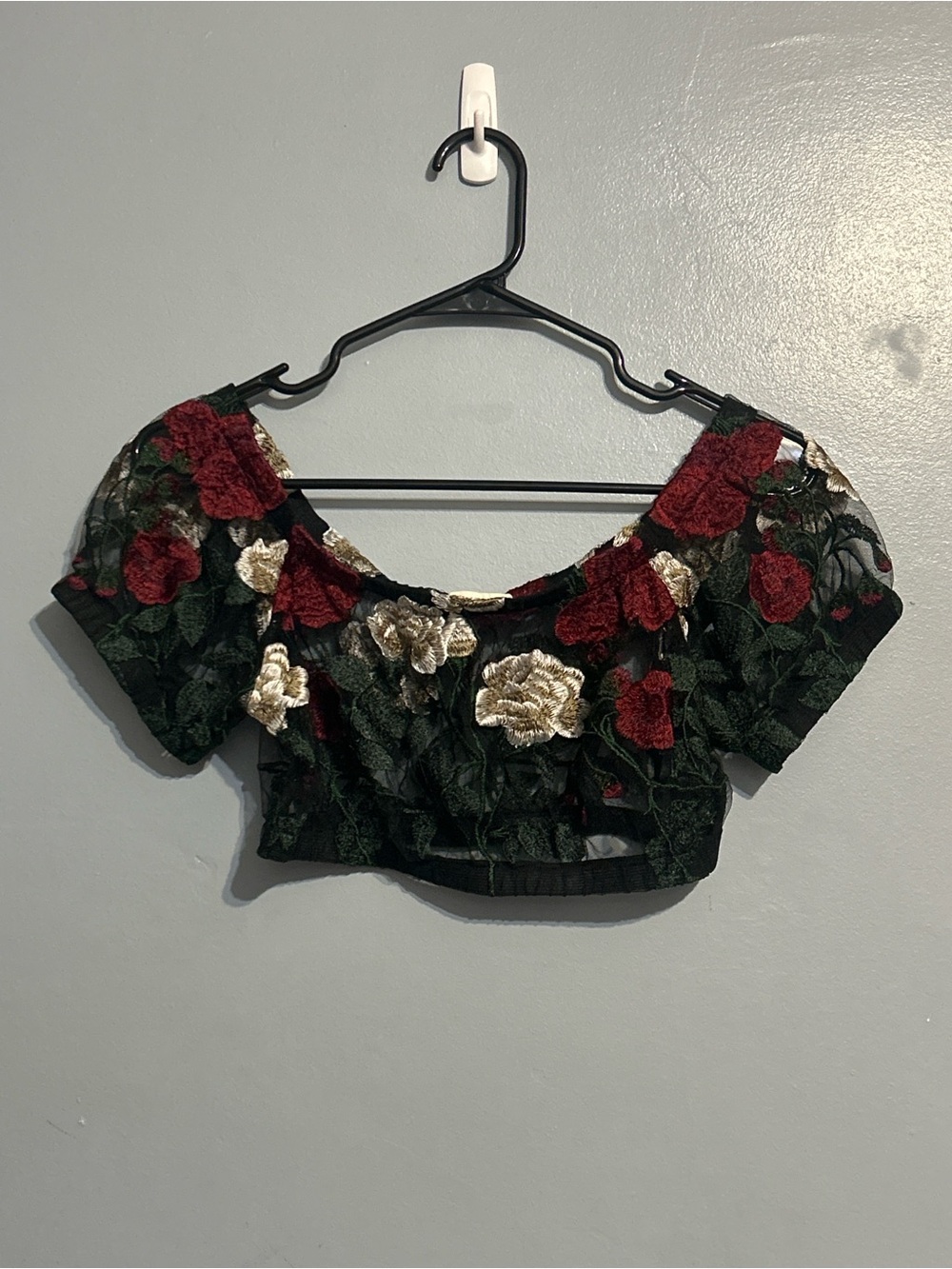 Floral Embroidered Black Crop Top with Red and Gold Flowers